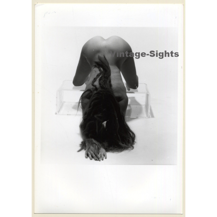 Artistic Nude Study: Longhaired Blonde On Plexiglass Table*3 (Vintage Photo France B/W ~1980s)