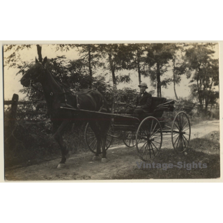 Elegant Man On Four Wheeled One Horse Carriage (Vintage RPPC ~1910s/1920s)