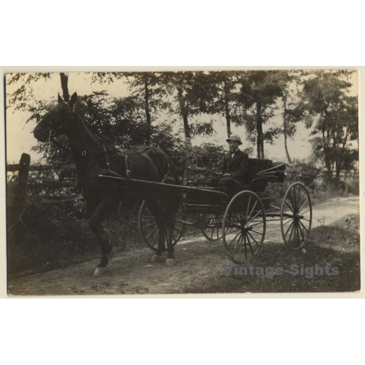 Elegant Man On Four Wheeled One Horse Carriage (Vintage RPPC ~1910s/1920s)