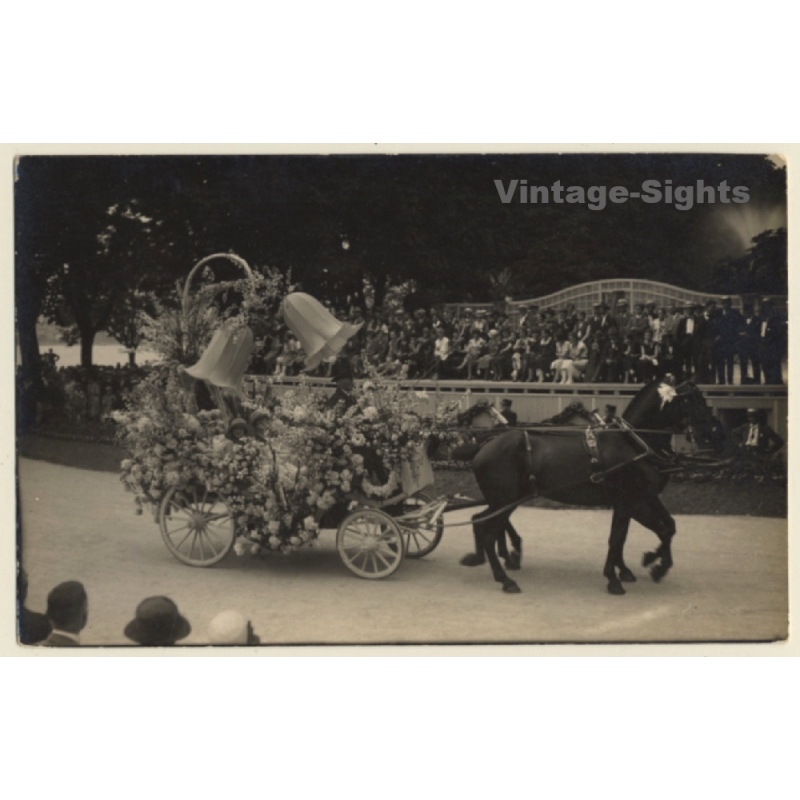 Festival Horse Carriage With Double Team / Flowers (Vintage RPPC ~1920s/1930s)