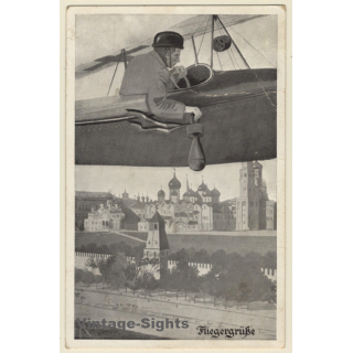 WW1: Fliegergrüße - German Pilot Throwing Bomb (Vintage PC 1916)