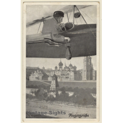 WW1: Fliegergrüße - German Pilot Throwing Bomb (Vintage PC 1916)