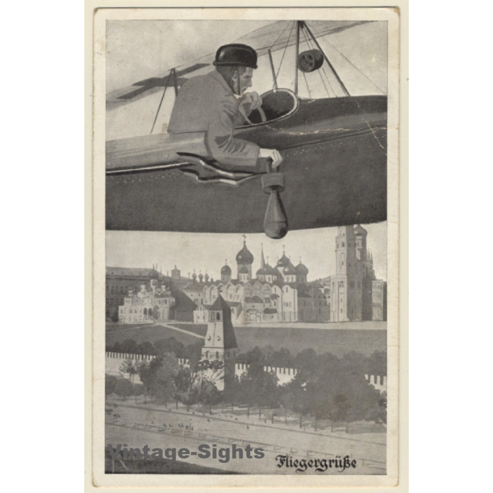 WW1: Fliegergrüße - German Pilot Throwing Bomb (Vintage PC 1916)
