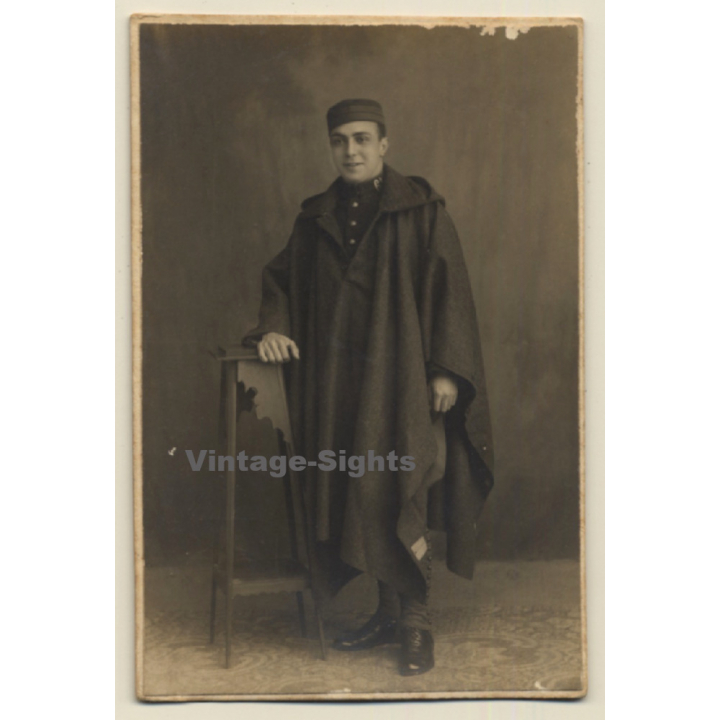 R. Hernández: Portrait Of Spanish Soldier With Poncho (Vintage RPPC ~1910s)