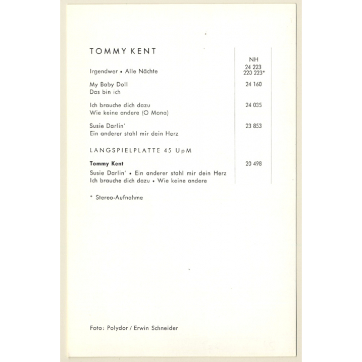 Tommy Kent Autograph / Polydor (Vintage Signed PC ~1960s)