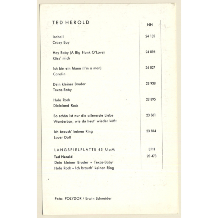 Ted Herold Autogramm / Polydor (Vintage Signed PC ~1960s)