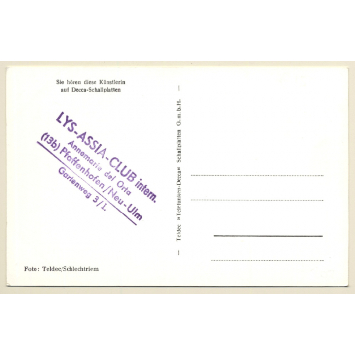 Lys Assia Autogramm / Decca (Vintage Signed PC ~1960s)