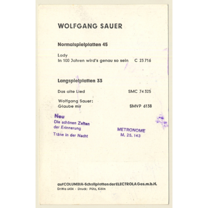 Wolfgang Sauer Autogramm / EMI Columbia (Vintage Signed PC ~1960s)