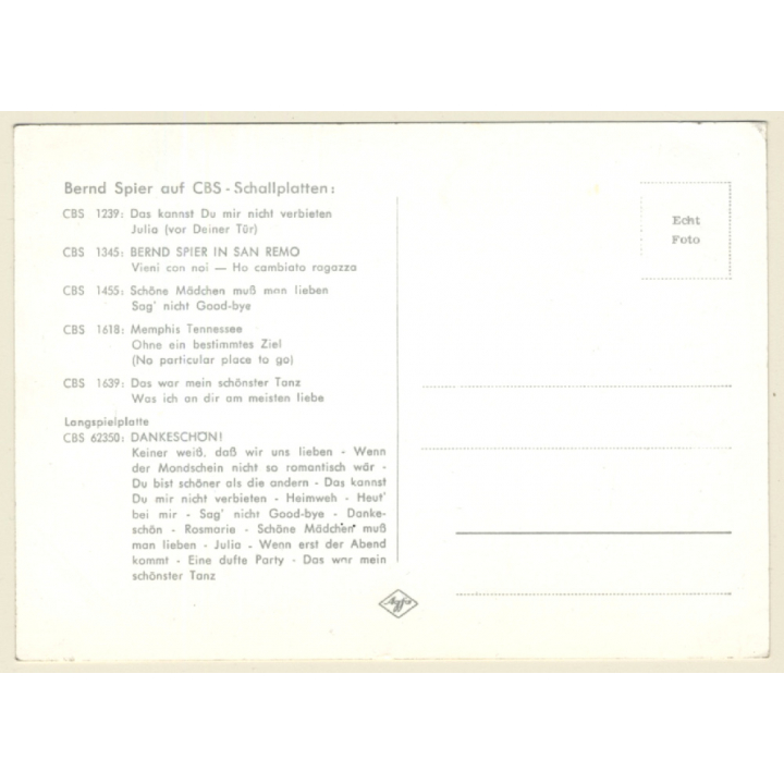 Bernd Spier Autogramm / CBS (Vintage Signed PC ~1960s)