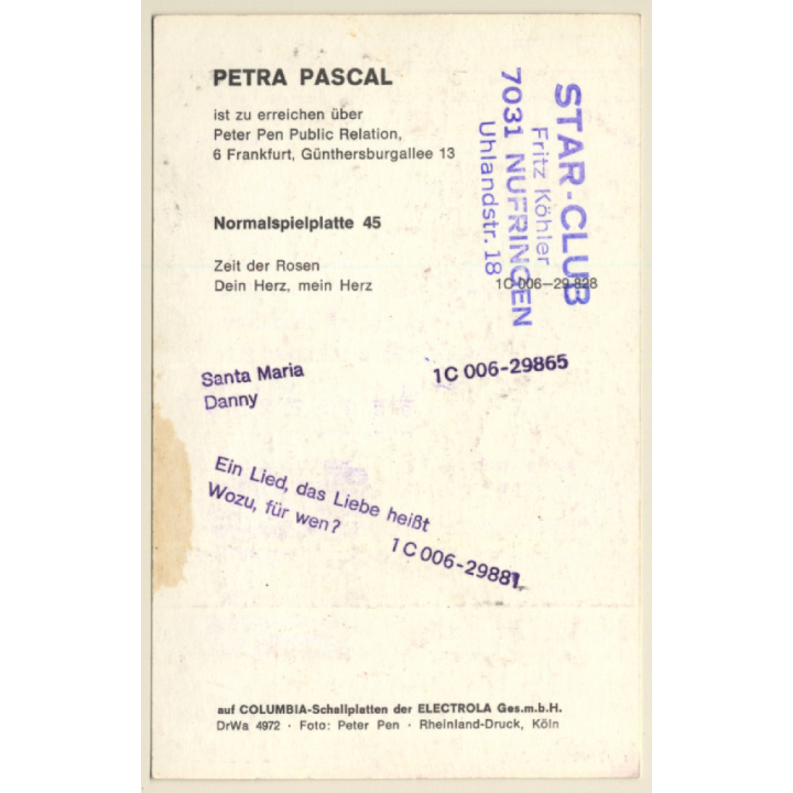 Petra Pascal Autogramm / EMI Columbia (Vintage Signed PC ~1970s)