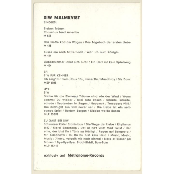 Siw Malmkvist Autogramm / Metronome (Vintage Signed PC ~1960s)