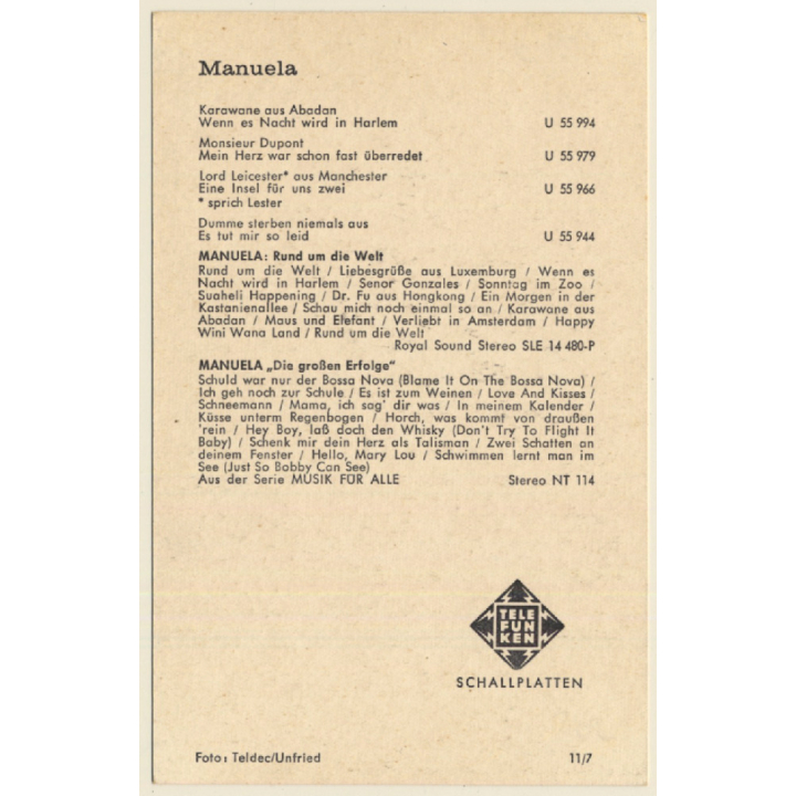 Manuela Autogramm / Telefunken (Vintage Signed PC ~1960s)