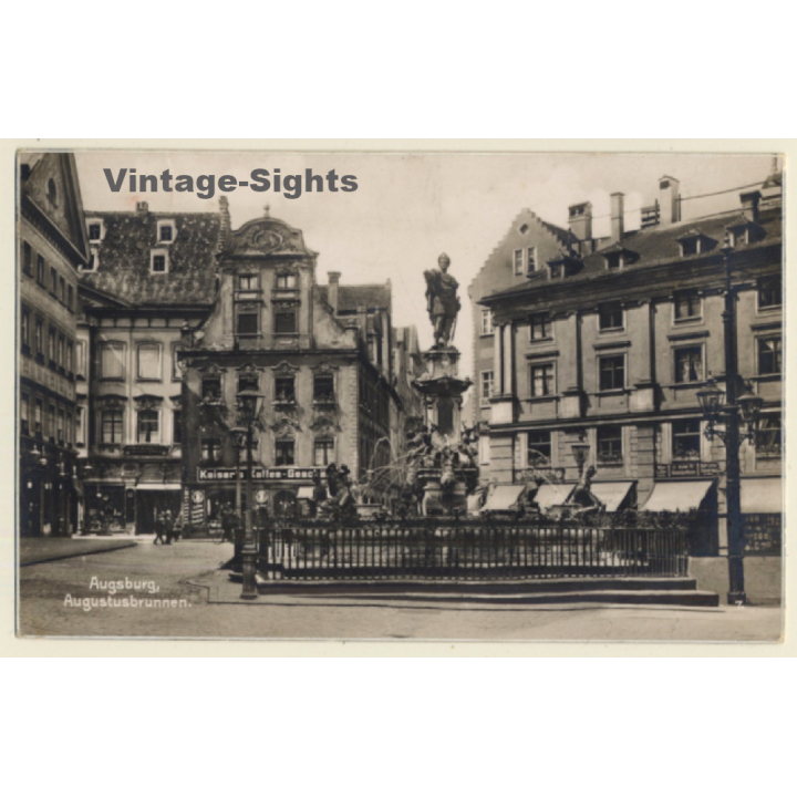 Augsburg / Germany: Augustusbrunnen - Kaiser's Kaffee (Vintage RPPC 1928)
