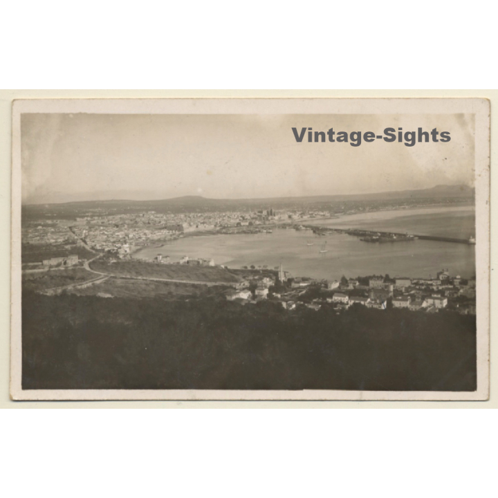 Mallorca / Baleares: View From Bellver Castle Onto Palma Bay & Town (Vintage RPPC ~1930s)