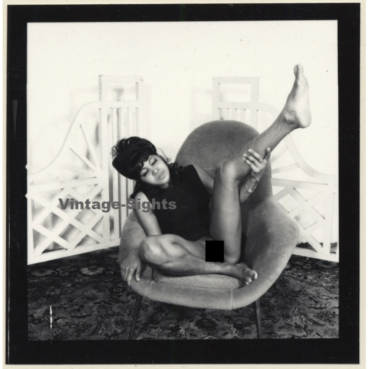 Semi Nude Dark-Skinned Female In Design Tulip Chair*2 (Vintage Contact Sheet Photo 1970s)