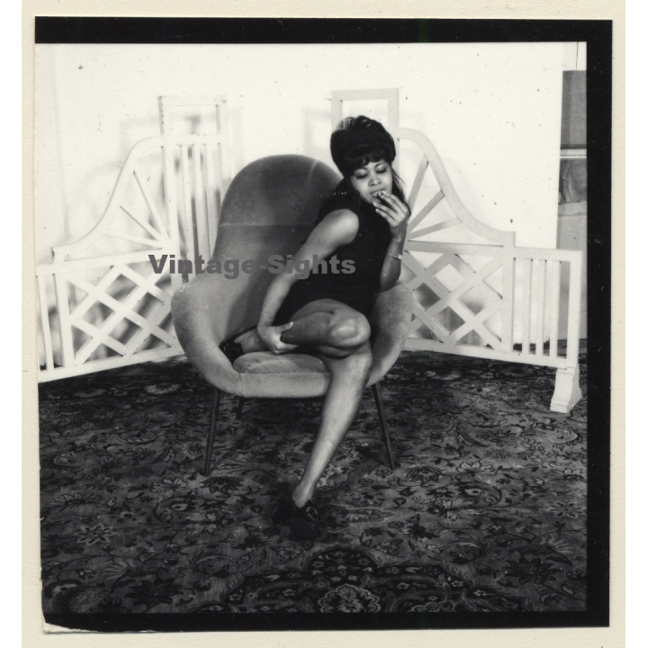 Semi Nude Dark-Skinned Female In Design Tulip Chair*4 (Vintage Contact Sheet Photo 1970s)