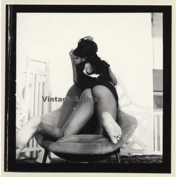 Semi Nude Dark-Skinned Female In Design Tulip Chair*5 (Vintage Contact Sheet Photo 1970s)
