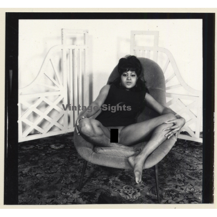 Semi Nude Dark-Skinned Female In Design Tulip Chair*8 (Vintage Contact Sheet Photo 1970s)