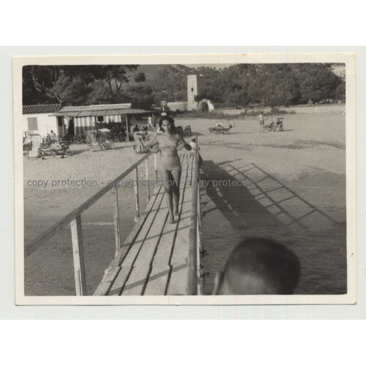 Mallorca - Camp De Mar: Woman On Boardwalk (Vintage Photo B/W 1962)