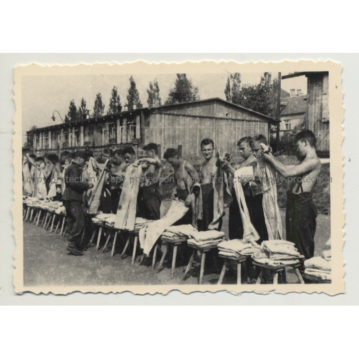 Soldier Supervises Clothing Distribution (Vintage Photo B/W ~1930s/1940s)