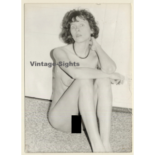 Slim Brunette Nude Sitting On Floor / Eyes (Vintage Photo GDR ~1980s)