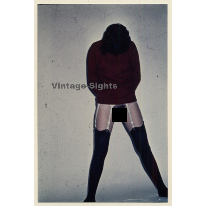 Great Take: Darkhaired Semi Nude With Black Nylons & Suspenders (Vintage Photo ~1990s)