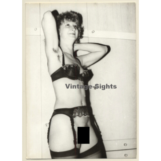 Funny Blonde Semi Nude In Black Lingerie / Hairy Armpits (Vintage Photo GDR ~1980s)