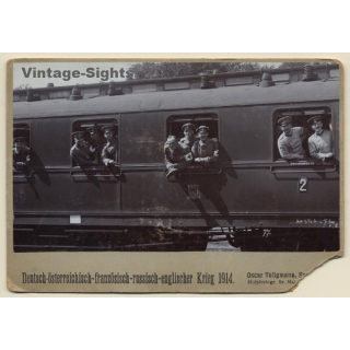 Oscar Tellgmann: German Soldiers In Train / Red Cross - WW1 (Vintage Cabinet Card 1914)