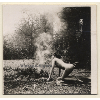 Nude Kneeling Near Fire In Garden*2 / Trees (Vintage Gelatin Silver Photo ~1920s/1930s)