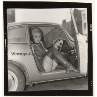 Racy Blonde In Porsche 911 Flashing Legs / High Boots (Vintage Contact Sheet Photo 1970s/1980s)