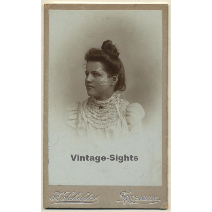 J.Schilder / Lausanne: Pretty Young Woman Wearing Victorian Blouse*2 (Vintage Carte De Visite / CDV ~1890s)