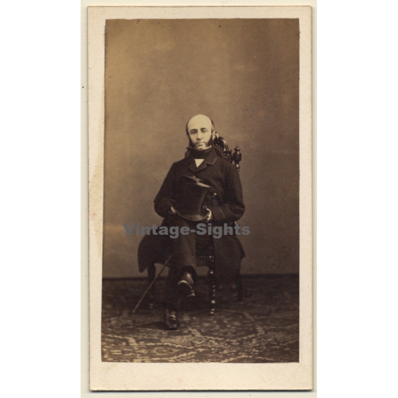 Géruzet Frères / Bruxelles: Portrait Of Man With Top Hat & Sideburns (Vintage CDV / Carte De Visite ~1870s)