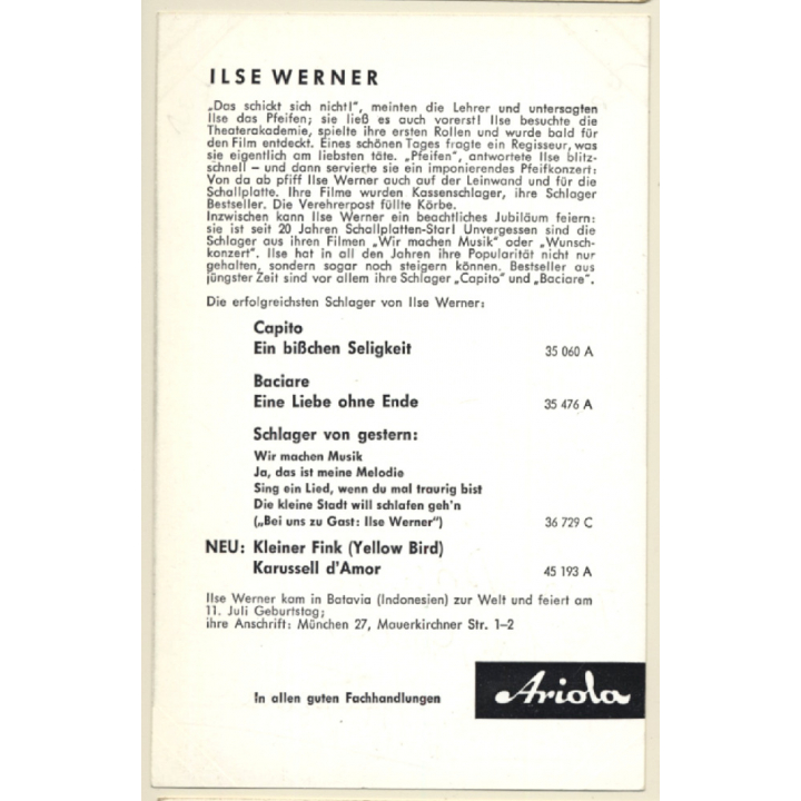 Ilse Werner Autogramm / Autograph (Vintage Signed Ariola PC 1950s)