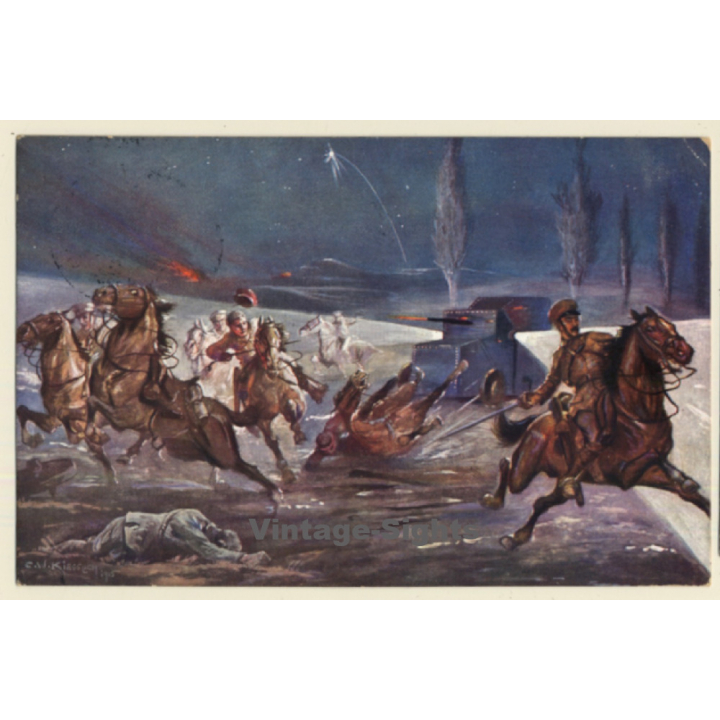 C.W.Kiesslich: German Tank Surprises Brit.Cavalry (Vintage Artist PC 1915)