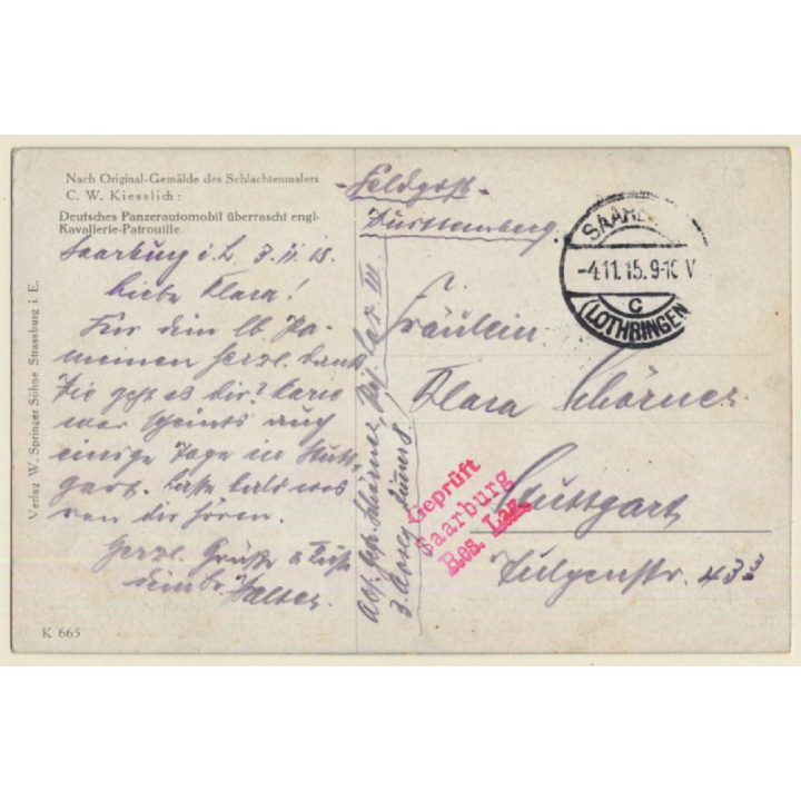 C.W.Kiesslich: German Tank Surprises Brit.Cavalry (Vintage Artist PC 1915)