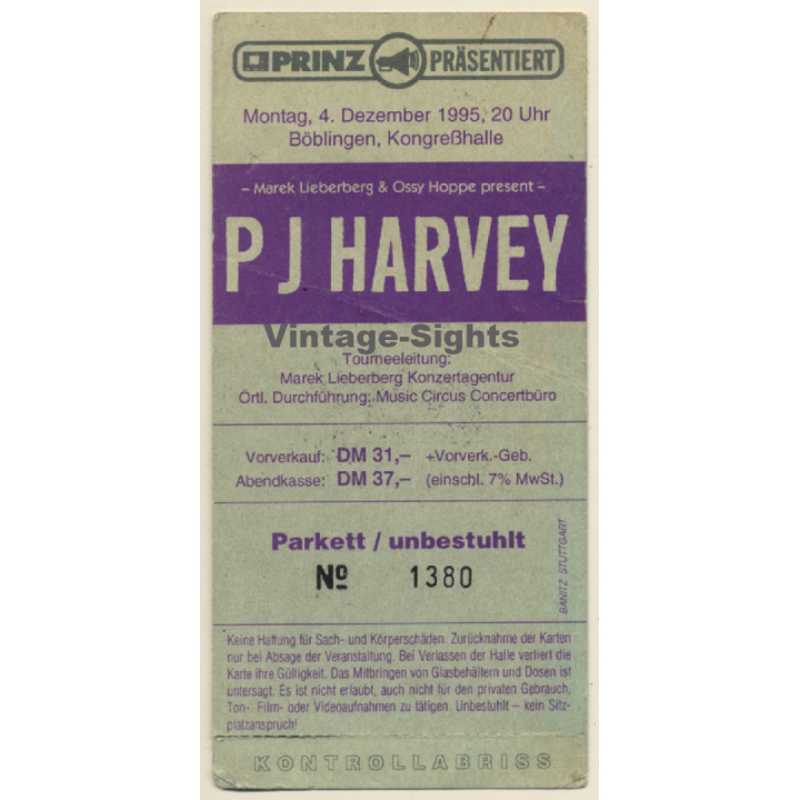 PJ Harvey - Böblingen Kongreßhalle 1995 / Concert Ticket - Cancelled (Vintage Memorabilia)