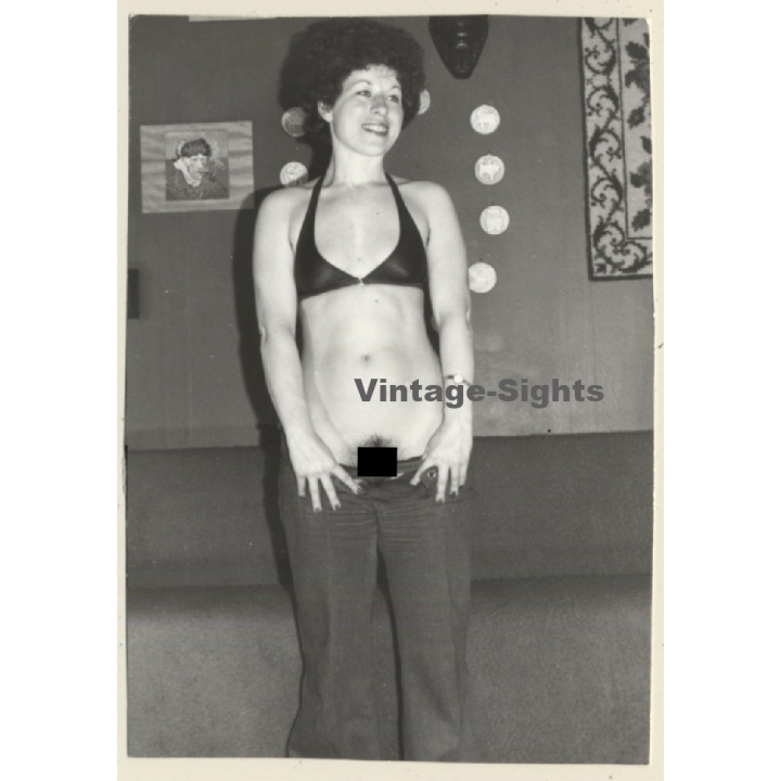 Funny Semi Nude Curlyhead Pulls Down Pants (Vintage Photo GDR ~ 1980s)