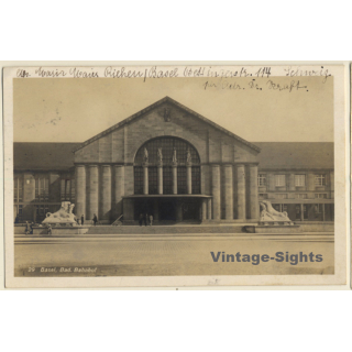 Basel / Schwitzerland: Badischer Bahnof - Train Station (Vintage RPPC 1928)