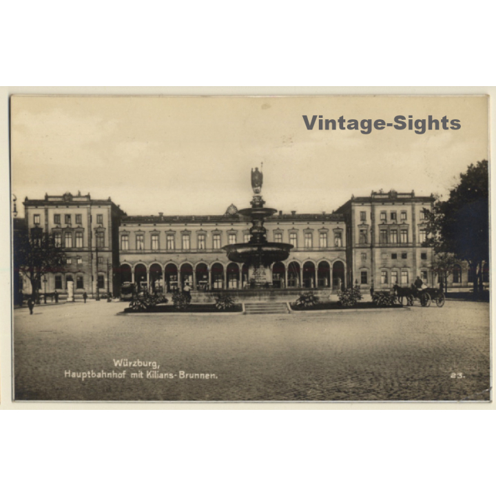 Würzburg / Germany: Hauptbahnhof & Kilians-Brunnen - Train Station (Vintage RPPC ~1920s/1930s)