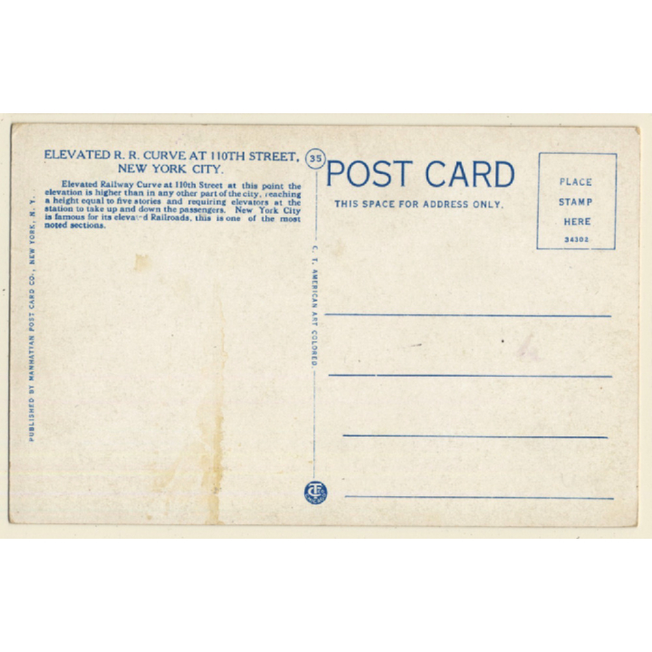 New York City: Elevated R.R. Curve At 110th Street / Tramway (Vintage PC ~1910s)