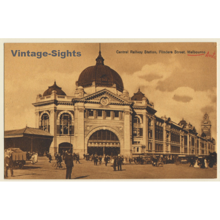 Melbourne: Central Railway Station, Flinders Street (Vintage PC ~1910s/1920s)