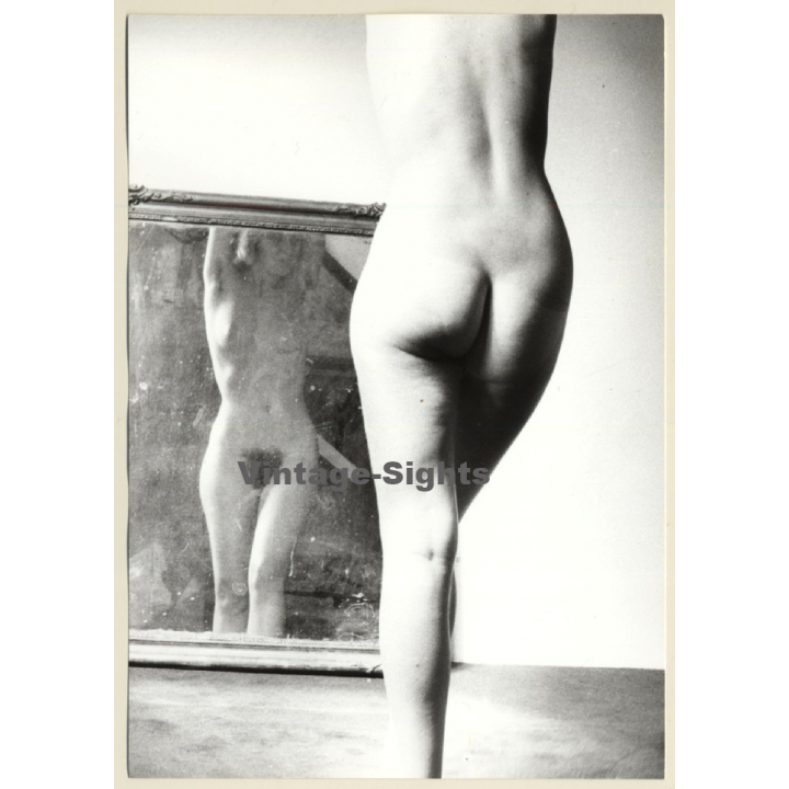 Artistic Nude Study: Nude Female In Front Of Mirror / Butt(Vintage Photo France B/W ~1980s)