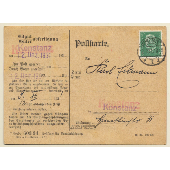 Konstanz: Eilgut Abfertigung - Fahrrad (Vintage PC 1931)