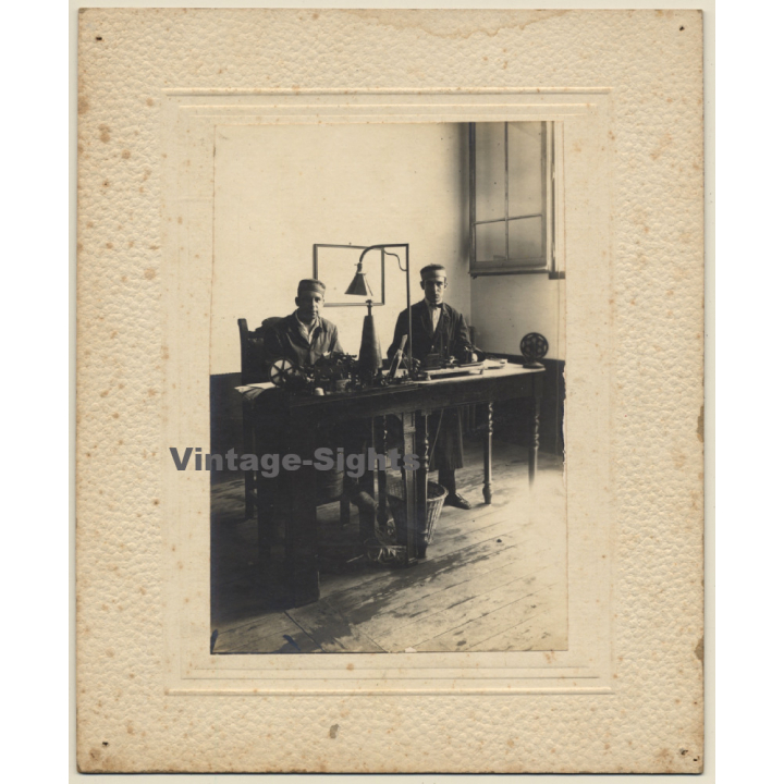 2 Telegraphists Behind Desk With Morse Telegraph (Vintage Photo ~1910s/1920s)