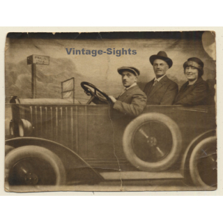 2 Men & A Woman In Face-In-Hole Board / Funny - Arcade - Funfair (Vintage Photo ~1930s/1940s)