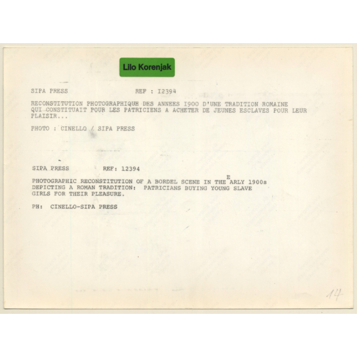 Photo Reconstitution: Bordel Scene In The Early 1900s / Roman Tradition (Press Reprint Photo)