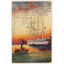 Theo Stroefer: Four-Master Sailing Ship & Steamer (Vintage Artist PC 1908)