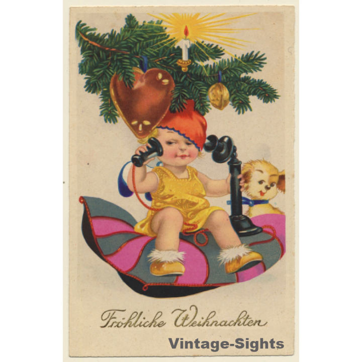 Fröhliche Weihnachten / X-Mas - Baby Girl With Telephone (Vintage Artist PC 1910s/1920s)
