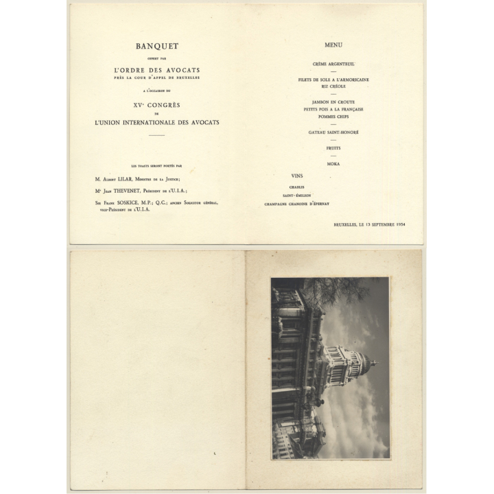 Bruxelles: XV Congrès L'Union Int. Des Avocats 1954 (Vintage Menu)