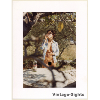 R.Folco: Slim Nude Female Drinking Cinzano Outdoors (Vintage Photo France 1980s)